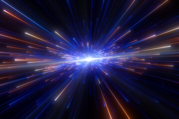 Wall Mural - bright radial light beams. abstract background in blue and orange neon glow color. light burst in un