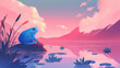 Sapo azul em um lago ao por do sol rosa - Ilustração