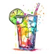 Graphical illustration generated with AI, mojito cocktail with ice balls on white background, summer fizzy drink
