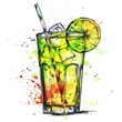 Graphical illustration generated with AI, mojito cocktail with ice balls on white background, summer fizzy drink