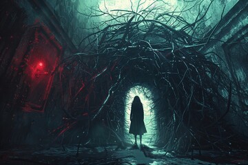 Wall Mural - An elegant lady wearing a coat standing before a doorway engulfed by eerie twisted black vines, created in a digital art format with a painterly look.