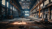 Abandoned Factory Interior With Debris And Collapsed Structures. Concept Of Decay And Desolation