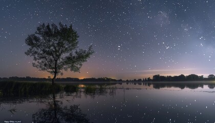 Wall Mural - a tree is reflected in the water of a lake at night by ai generated image