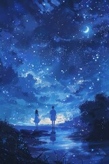 Wall Mural - A digital illustration of a brother and sister walking hand in hand under a crescent moon in a starry night sky, capturing the beauty of the night scenery.