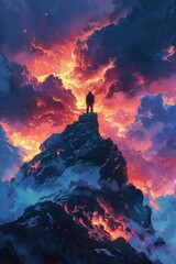 Wall Mural - A resilient individual gazes at the vast fiery sky while perched atop the peak, depicted in a digital art format resembling an illustration painting.