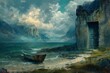 A magical landscape featuring a deserted ship by the coastline next to an enigmatic entrance, created in a digital art format with an illustrative touch.