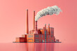 A digital illustration of a factory with smokestacks emitting smoke against a pink background.