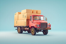 A Vintage Red Delivery Truck Loaded With Cardboard Boxes Against A Pale Blue Background.