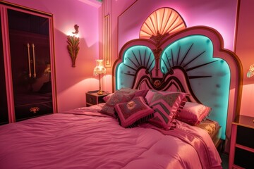 Poster - A pink bed with a bed headboard and pillows, AI generated