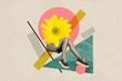 © deagreez - Creative collage photo sitting young woman legs daisy flower head yellow flourish blossom spring environment drawing background