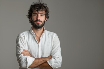 A man with a beard and mustache is wearing a white shirt