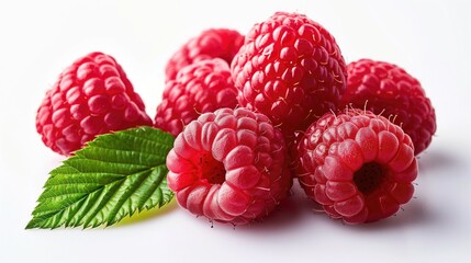 Fresh raspberries with leaves on a white background, natural food art