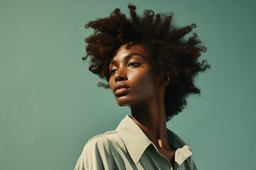 Canvas Print - A woman with curly hair is wearing a white shirt