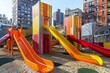 Brightly colored playground equipment stands amidst autumn leaves, symbolizing playfulness and change