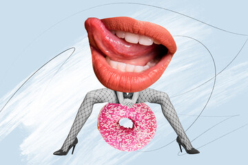 Sticker - Creative trend collage of lick lips caricature spread legs erotic sexshop shopping concept weird freak bizarre unusual fantasy