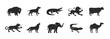Wild Animals logo set. Animals elements for logo, emblem, label design. Buffalo, Dog, Alligator, Lion, Wolf, Tiger, Elephant silhouettes. Vector illustration. 