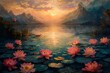 A Calming Lakeside Landscape with Vibrant Lotus Flowers Blooming in a Serene Sunset Atmosphere,Offering a Peaceful Retreat and Therapeutic Respite