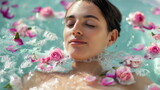 Fototapeta  - Woman Enjoying Aromatic Bath with Flower Petals, Mindful Relaxation