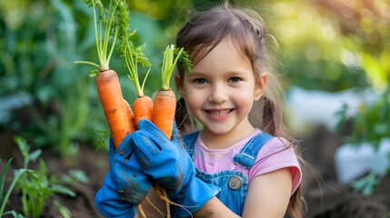 Sticker - Happy young girl holding homegrown carrots in a sunny garden. Child's joy in vegetable harvesting. Learning about sustainable living. Fresh produce and healthy eating. AI