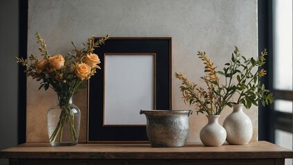 Wall Mural - Empty frame with vase for mockup