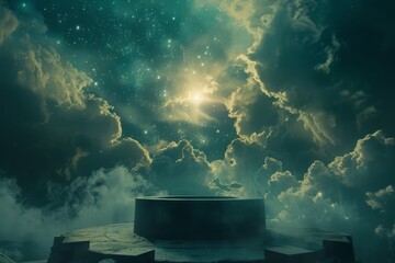Wall Mural - mystical celestial platform amidst ethereal clouds under a starry sky evokes wonder and the cosmos' 