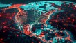 Digital world map zoomed on North America, with glowing lines of data and information exchange across continents
