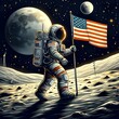 an astronaut walks on the moons surface holding an american flag