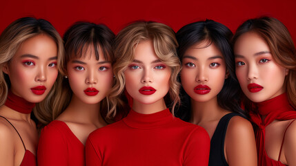 Wall Mural - Diverse group of five fashionable women with bold red lipstick and elegant red attire posing against a vibrant red background, exuding confidence and style.