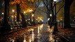 A Park in Heavy Rain With Street Lights and Shiny Reflective Autumn Leaves