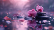 Tranquil spa concept with pink orchid flowers and black zen stones covered in water droplets, on reflective surface with a serene, purple-toned backdrop.