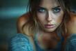 © Larisa AI - A striking close-up of a blue-eyed woman staring intensely at the camera