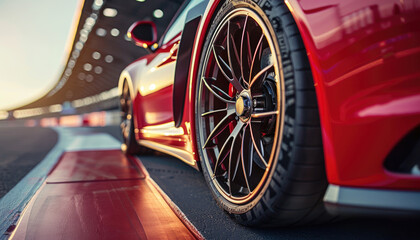 A red sports car with a black tire is parked on a racetrack by AI generated image