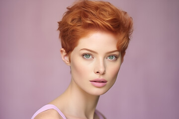 Wall Mural - Studio portrait of beautiful young ginger woman with short hair style on studio colour background