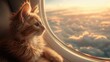 A contemplative orange tabby cat peers out of an airplane window, mesmerized by the golden sunset clouds.