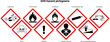 © Dee-sign - set of globally harmonized system hazard pictograms. Labelling of Chemicals. Explosive, Flammable, Oxidizing, Compressed Gas, Corrosive, Toxic, Harmful, Health hazard and Environmental hazard.
