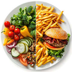 Healthy food alternatives. Split-screen photo of a healthy vegetables on the left side of the plate and fatty harmful hamburger and french fries on the right side of the plate. Lifestyle concept