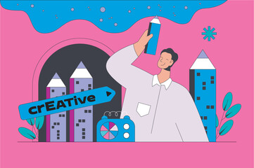 Poster - Creative process concept in modern flat design for web. Man thinking and generating new ideas, finding drawing inspiration for project. Vector illustration for social media banner, marketing material.