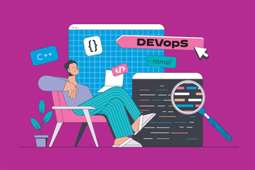 Poster - Development concept in modern flat design for web. Developer programming software, monitoring DevOps, engineers project communication. Vector illustration for social media banner, marketing material.