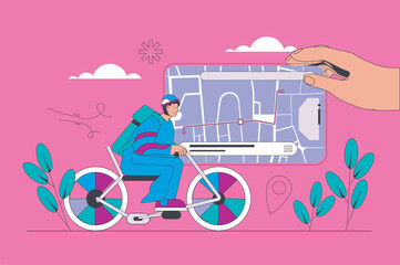 Leinwandbilder - Delivery food concept in modern flat design for web. Courier cycling bike, carrying bag with order to client home with tracking route. Vector illustration for social media banner, marketing material.