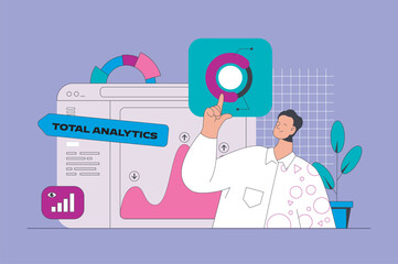 Wall Mural - Data analysis concept in modern flat design for web. Man analyzing graphs, making marketing research, working with database and charts. Vector illustration for social media banner, marketing material.