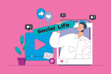 Aufkleber - Social media concept in modern flat design for web. Man making new post with selfie photo, collecting likes and followers comments. Vector illustration for social media banner, marketing material.