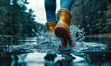 close up yellow rubber boots splashing in flooded water seen from below wallpaper