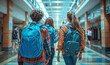 highschool teens seen from behind with backpacks walking down the school hallway 