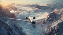 Flying luxury private jet captured in freeze-motion, shot on Sony Mirrorless, 85mm f/4 lens, detailed 8K