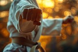 Fototapeta Młodzieżowe - A martial artist's outstretched fist is captured with dynamic backlight creating a bold silhouette against a warm bokeh