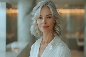 Woman in gray hair and white blouse standing in modern bathroom. Concept Fashion, Beauty, Lifestyle, Gray Hair, Modern Interior Design