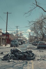 a motorcycle accident scene unfolds on the street, with scattered debris and nearby vehicles bearing witness to the aftermath
