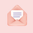 Open letter with visible text inside. Pink envelope 3D cartoon icon. Depicts sending, reading, and receiving notifications.