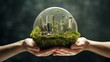 close-up, palms holding a glass ball with a green planet inside, environmental protection concept