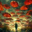 A surreal composition featuring a lone figure standing amidst a field of floating umbrellas, symbolizing protection and shelter, Blender